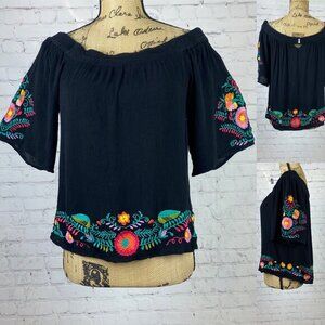 Umgee Off Shoulder Black Crinkly Embroidered Top